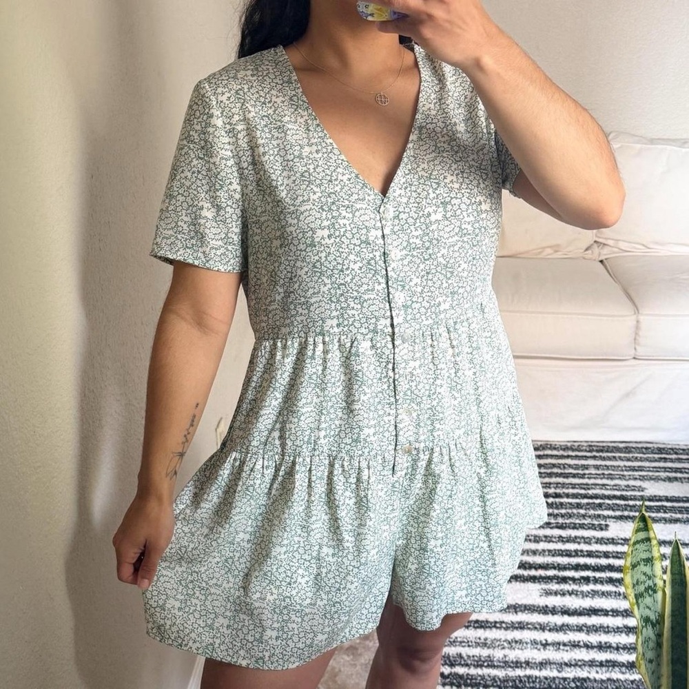 Green and White Floral Button Front Romper